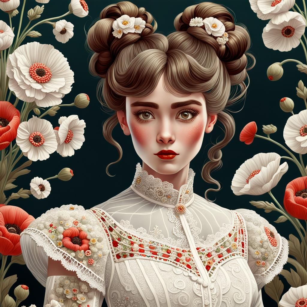 Victorian Woman in Botanical Heaven, Anime Art