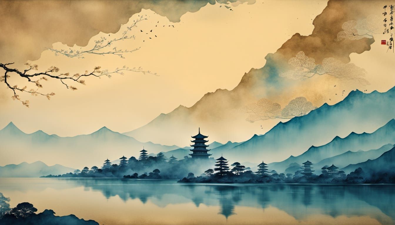 Pagoda Dreamscape: Ink and Watercolour Double Exposure