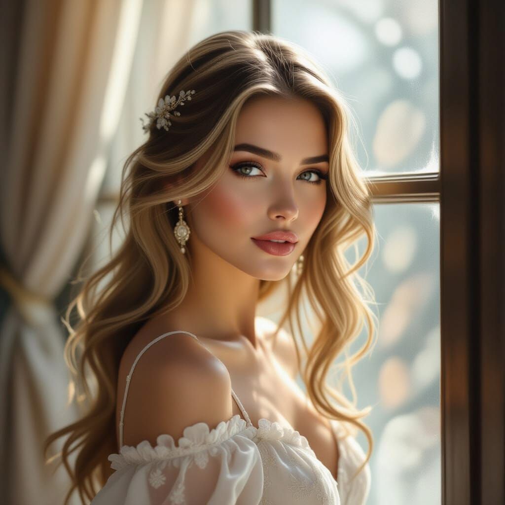 Ethereal Beauty Through a Misty Window in Art Nouveau Style