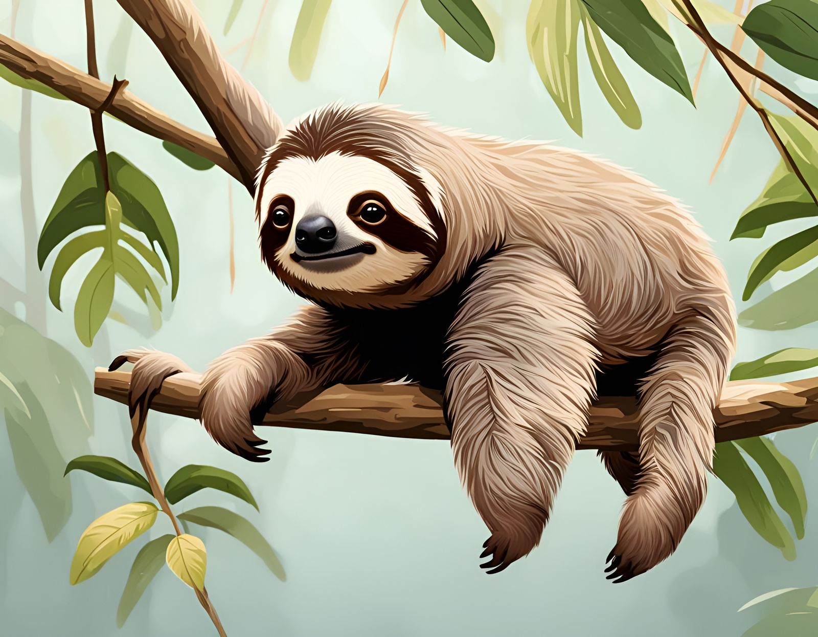 Cute Sloth Tilting Head Hanging from Tree Branch