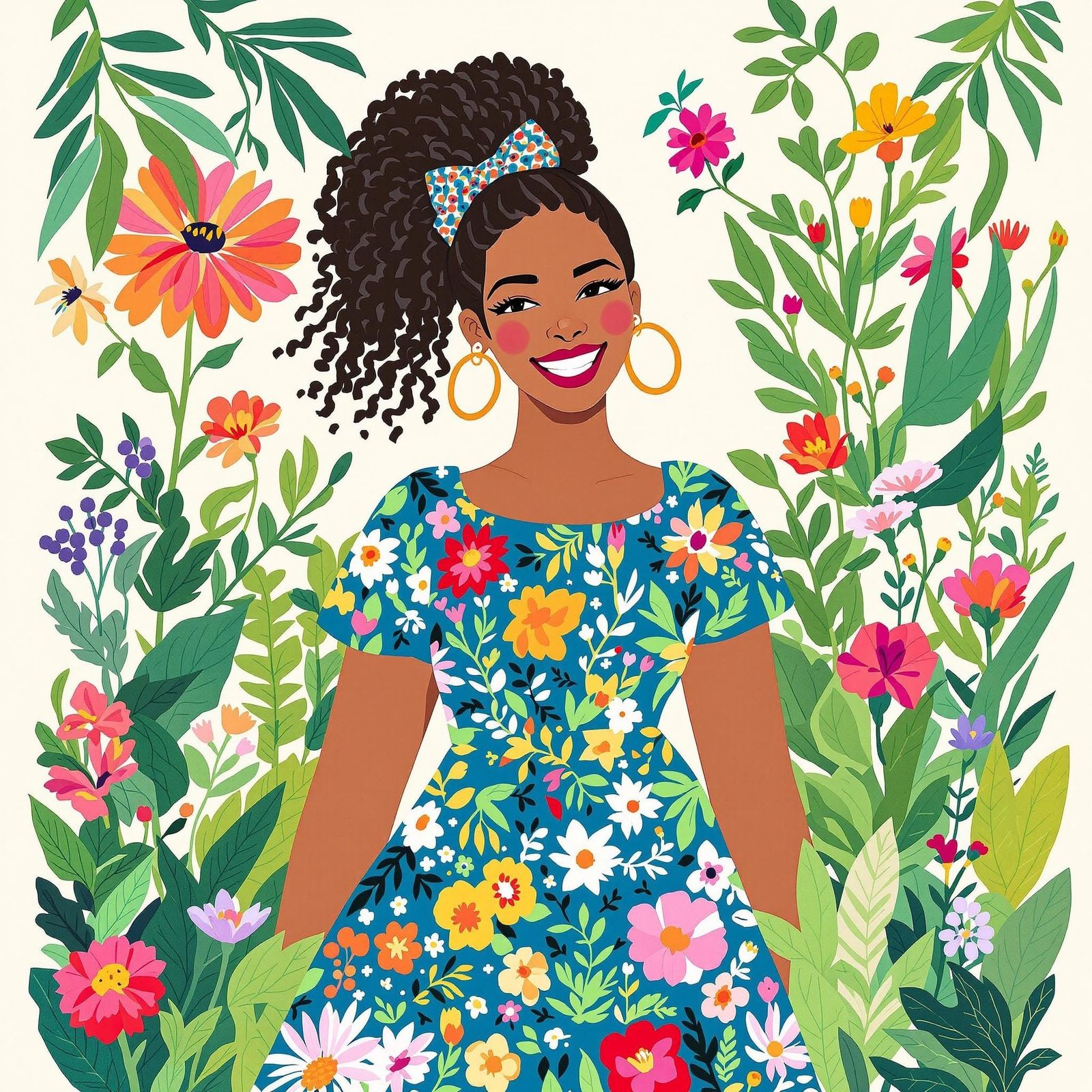 Joyful Selena in Vibrant Floral Illustration