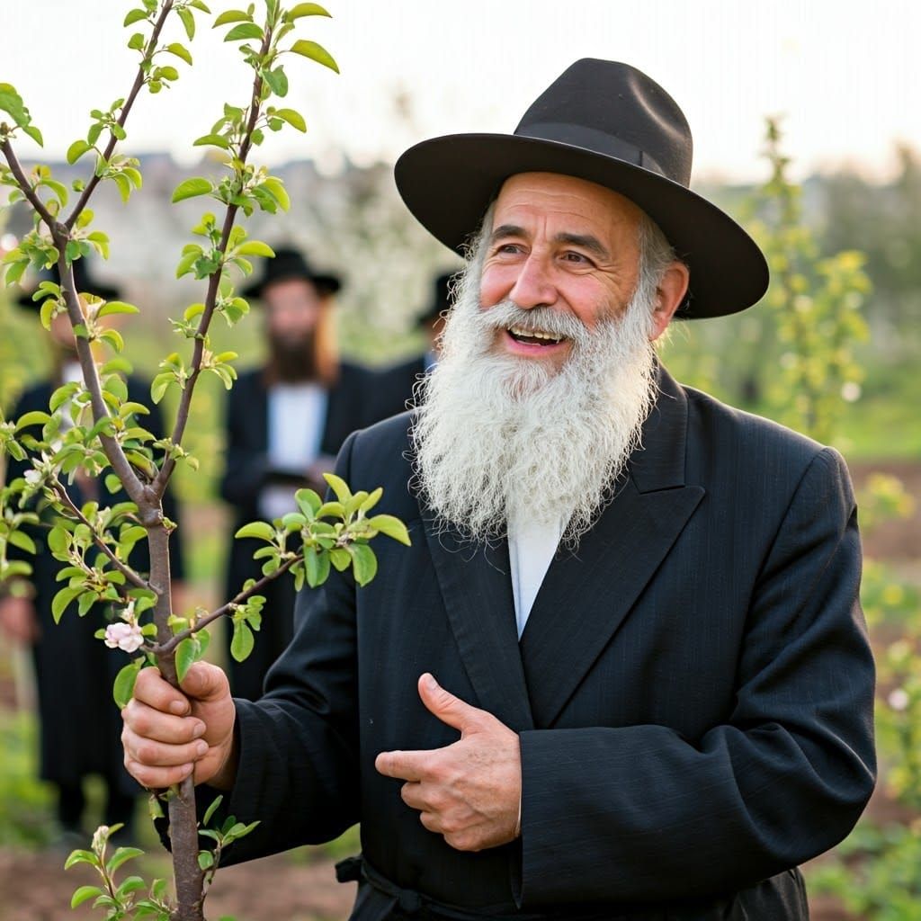 Orthodox Jewish Farmer Blesses Fruit Tree in Vibrant Bloom
