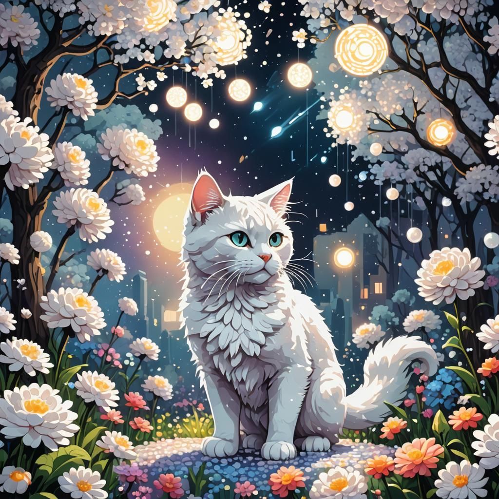 8-bit Cat in a Psychedelic Floral Scene