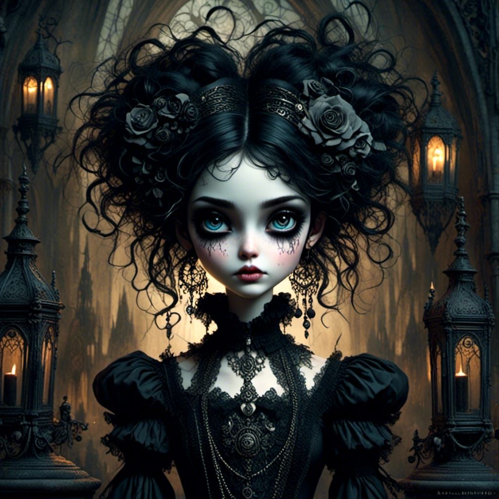 Elegant Gothic Girl in Cemetery by Tim Burton
