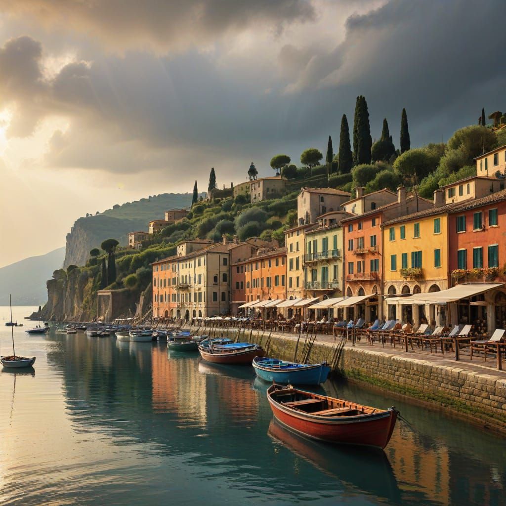 Italian Harbor in Summer Rain: Impressionistic Style