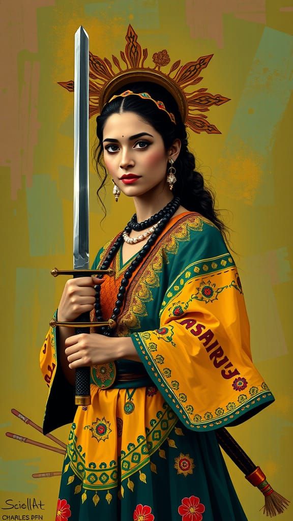 Sword-Wielding Woman in Vibrant Brazilian Folk Art Style