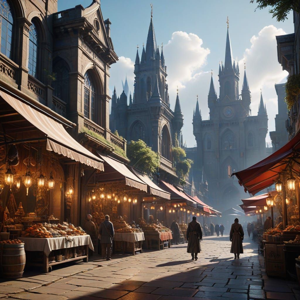 Regal Figure Dominates Bustling Marketplace