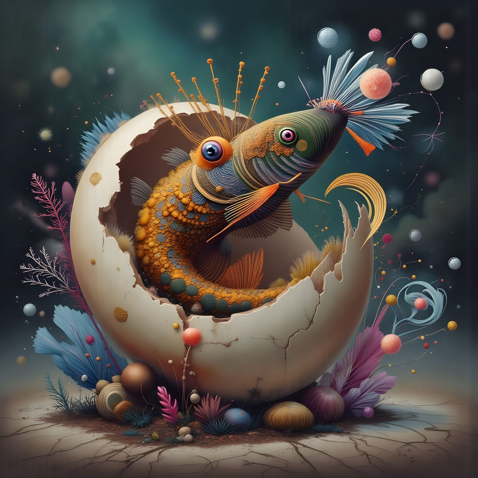 Surreal Monster Egg Hatching in Dystopian Holographic Style