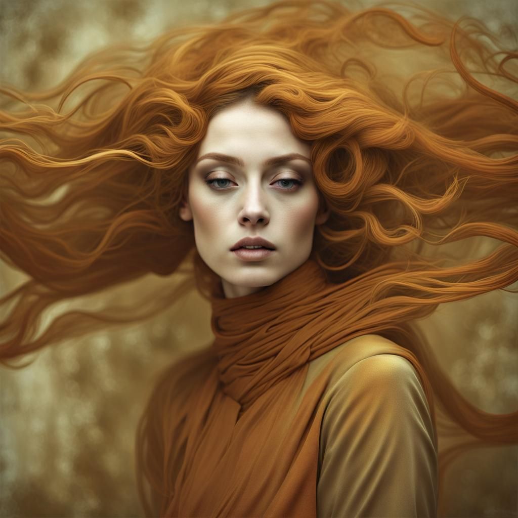 Ethereal Woman Weaving Secrets in Her Hair