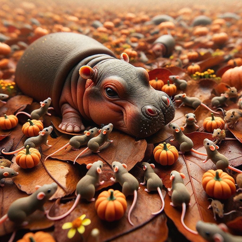 Miniature Hippos and Mice Play in Autumn Forest Floor