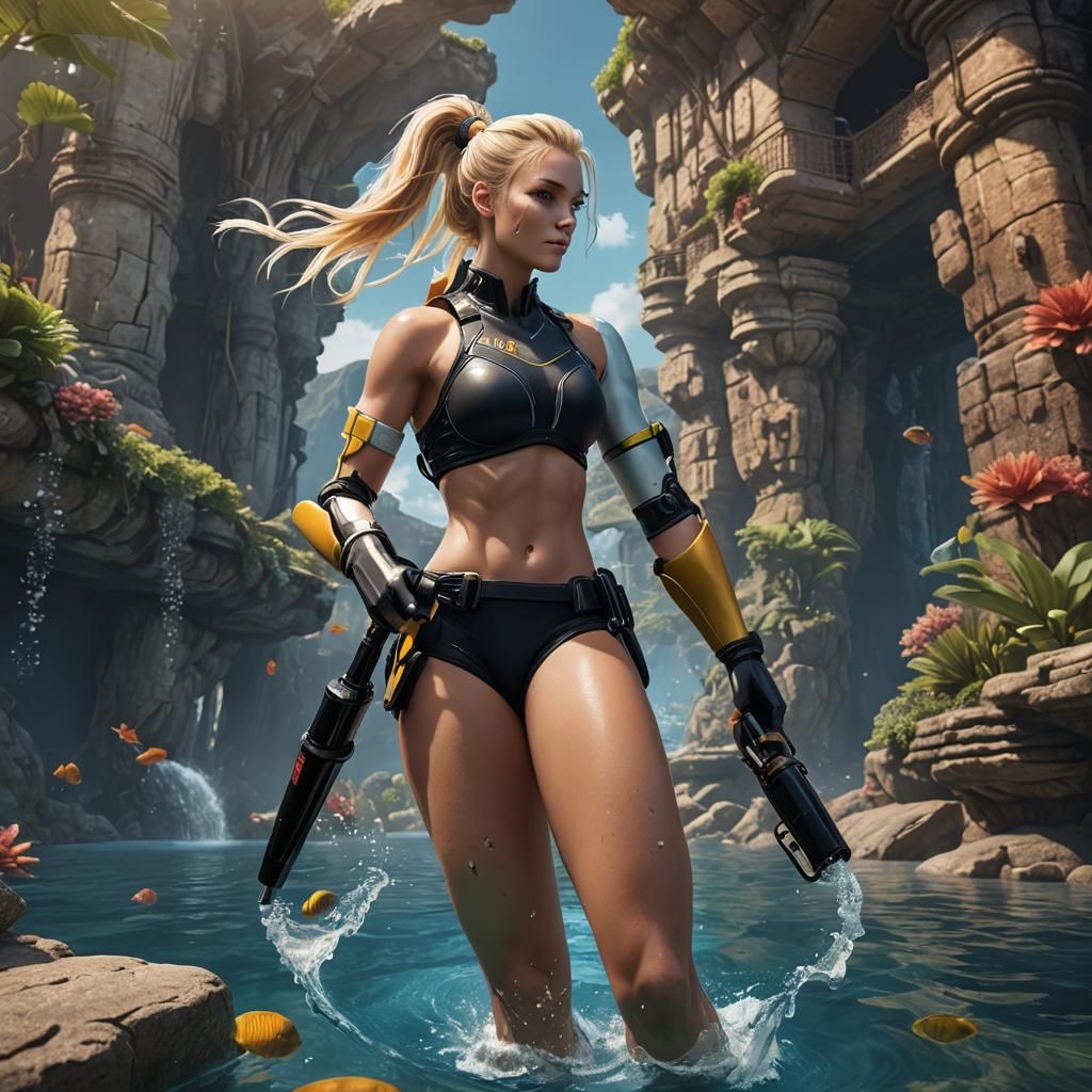 Blonde Diver Preparing to Dive: Detailed Matte Painting