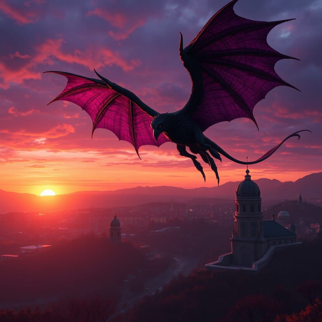 Eerie Phantom Harpy Over City at Sundown