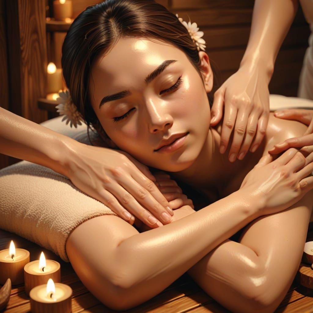 Soothing Anime Massage in a Calming Wood Grain Spa