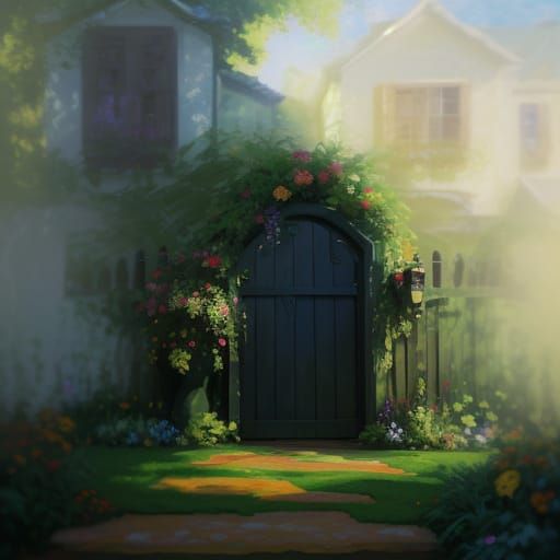 Whimsical Garden Gate in Neo-Expressionist Oil Painting