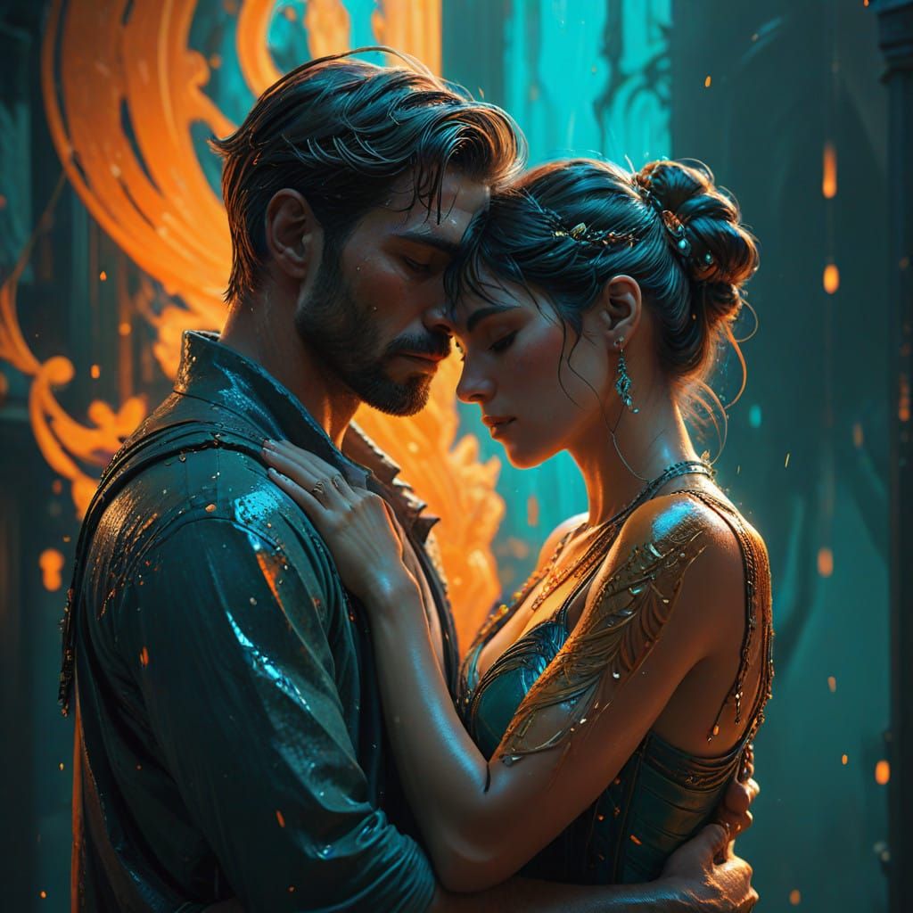 Heartbroken Couple Embracing in Vibrant, High-Contrast Beaut...