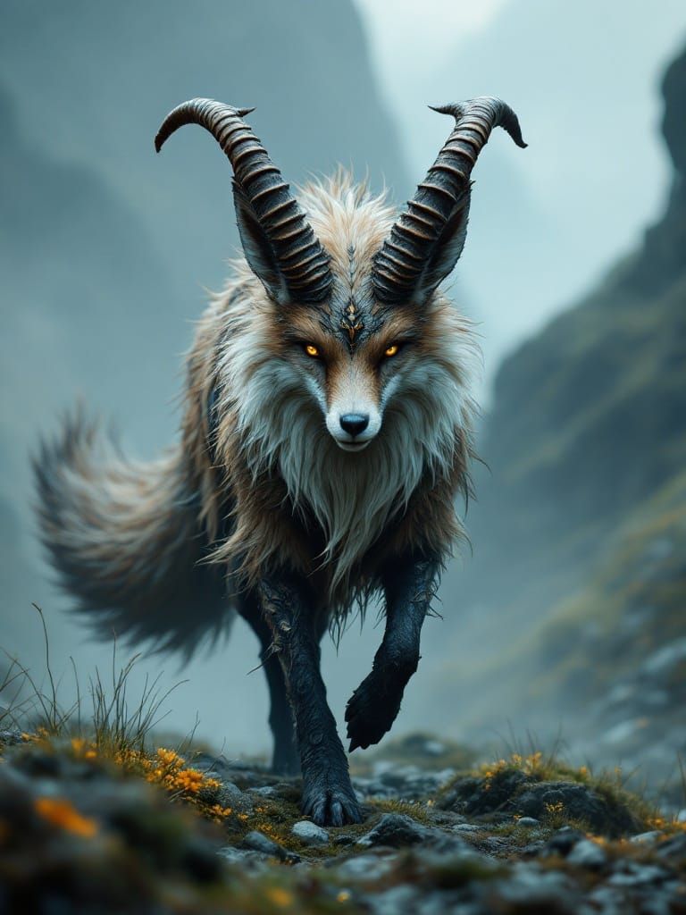 Fox-Goat Hybrid Creature in Magical Fantasy Landscape