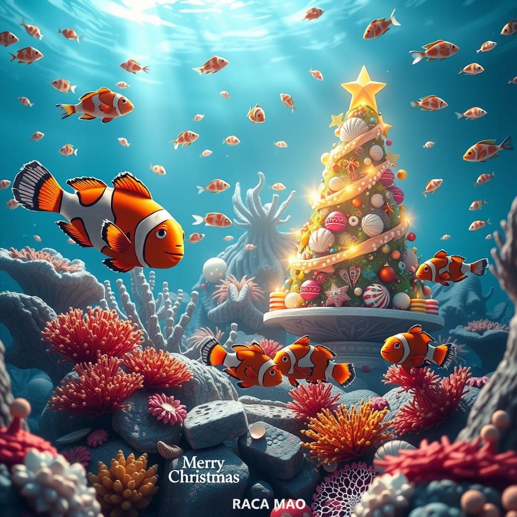 Underwater Christmas Wonderland with Clown Fish Family