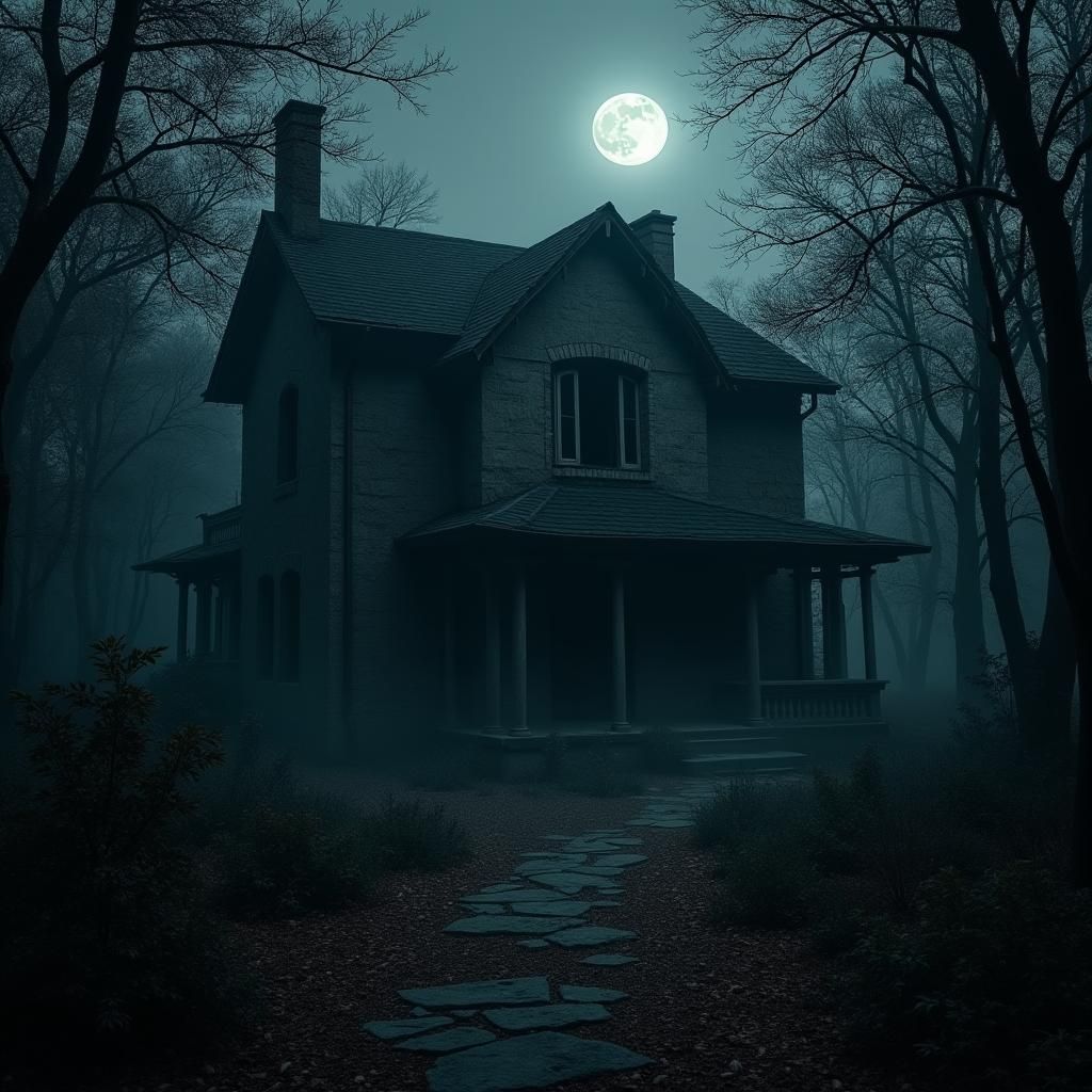 Decayed Mansion in Shadowed Forest, Fantasy Art