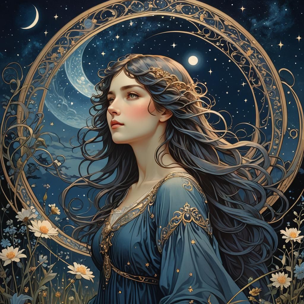 Mystical Woman Under Starry Night in Art Nouveau Style