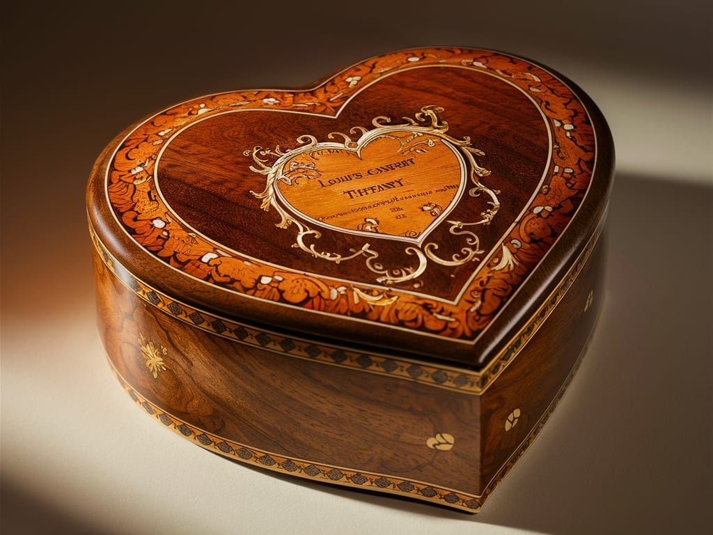 Heart-Shaped Inlaid Wood Box in Tiffany Style
