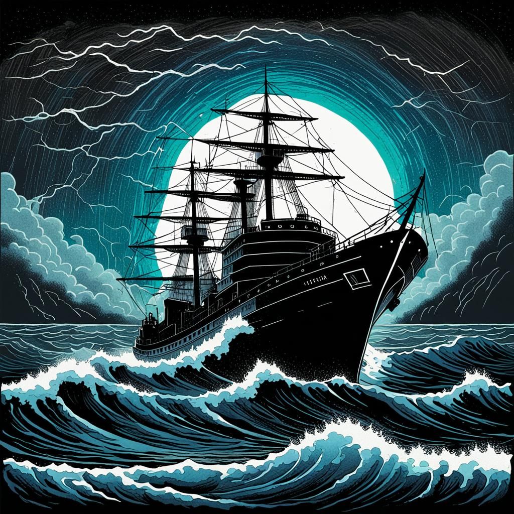 Stormy Seas: Ship Silhouette in Ukiyo-e Naive Art Style