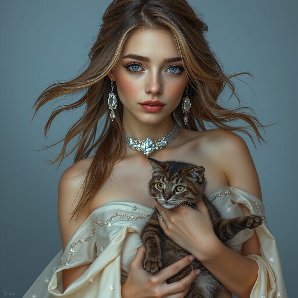 Ethereal Woman with Cat in Hyperrealistic Style