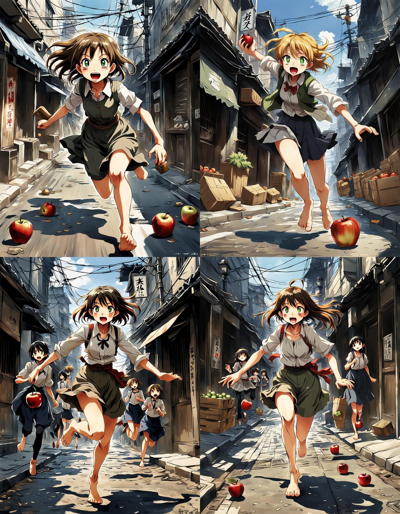 Barefoot Girl Street Urchin Escaping Mob: Anime Style