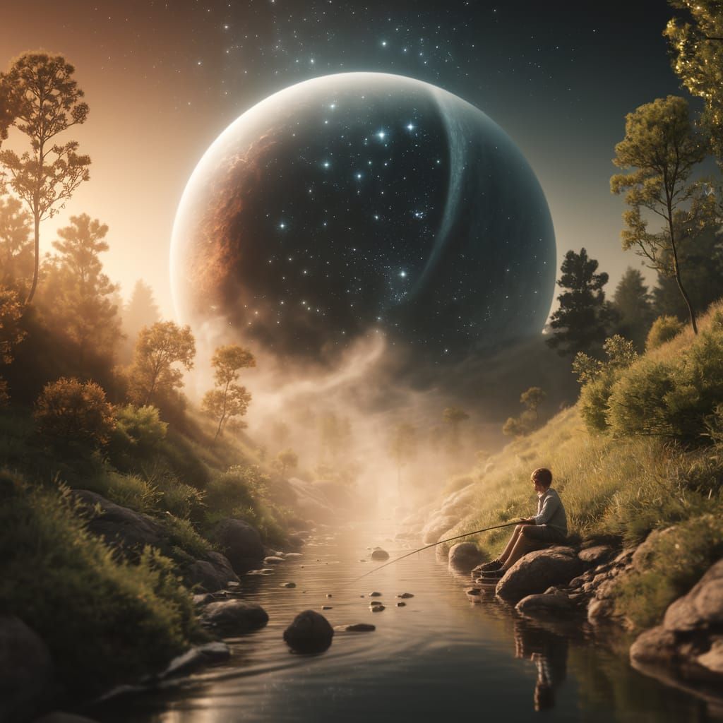 Surreal Saturn Scene in a Misty Lake, with Celestial Bodies ...