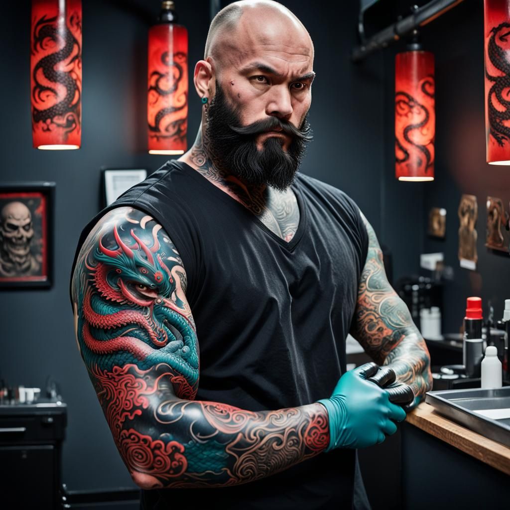 Tattooed Man with Oni Mask in Hokusai-Mann-Whelan Style