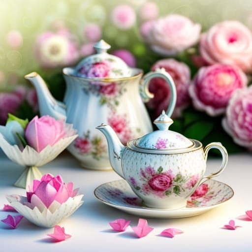 Origami Tea Set and Flowers Papercraft in 8K