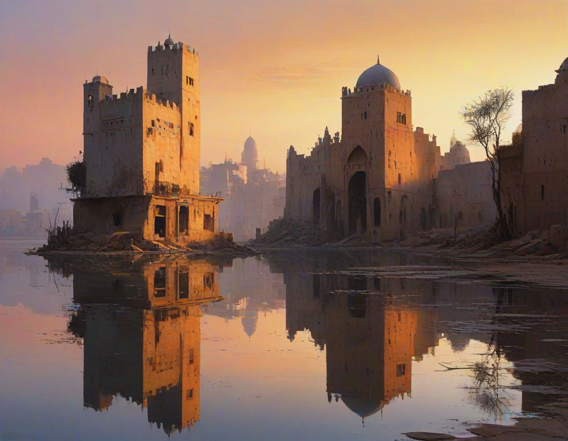Arabian Ruined City Reflections in Sunset Splendor, Intricat...
