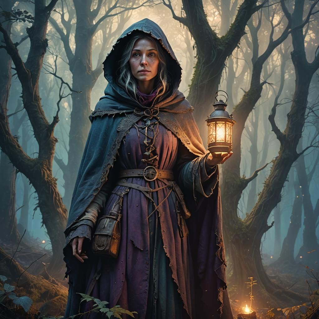 Distressed Woman with Lantern in Mystical Forest