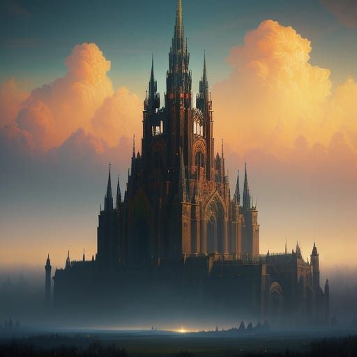 Golden Ukrainian Fantasy Landscape with Towering Spires