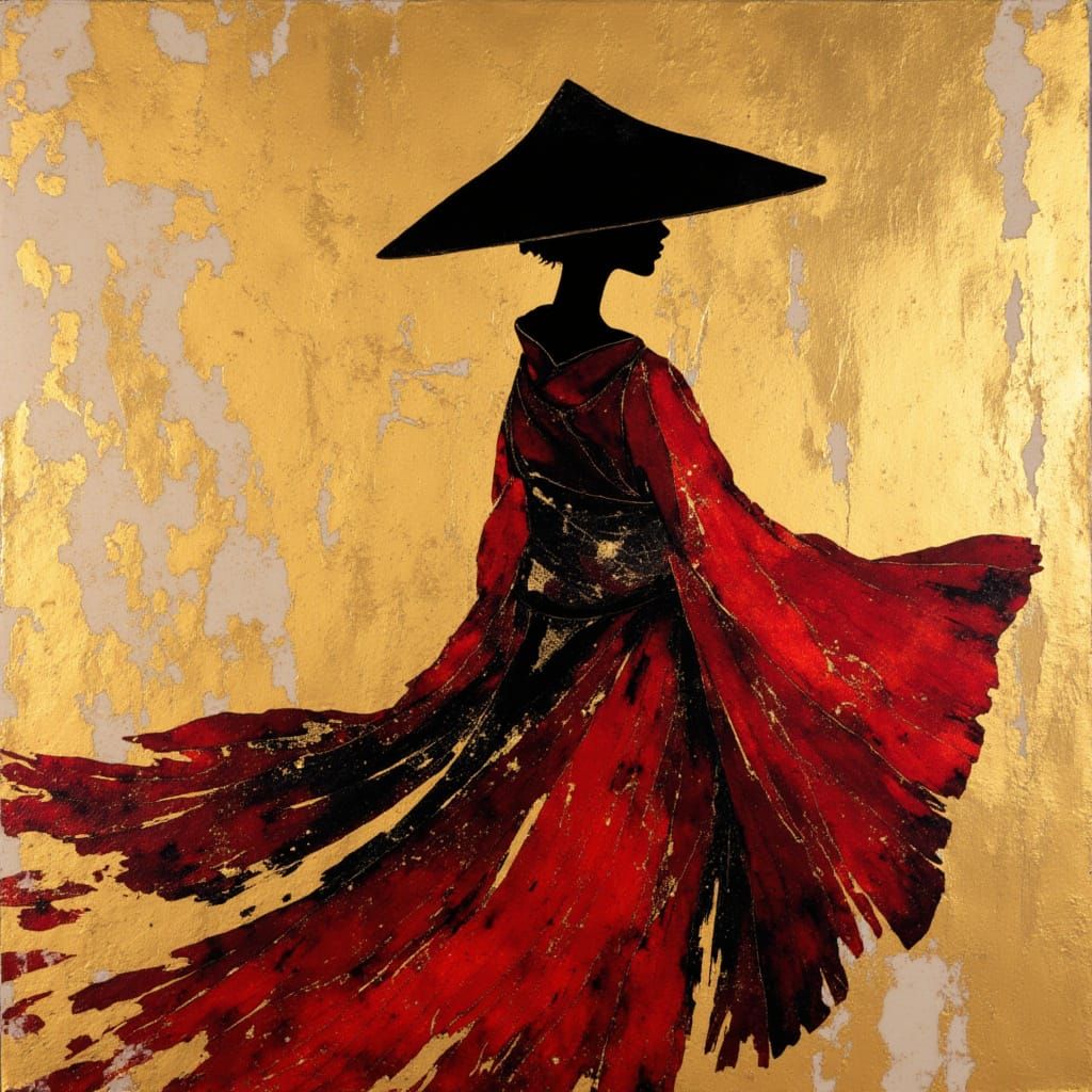 Woman in Kimono as Metallic Collage with Gold Leaf