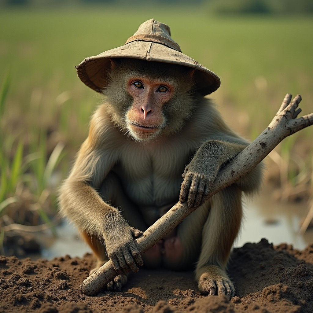 Monkey Farmer in Paddy Field: Cinematic Film Still