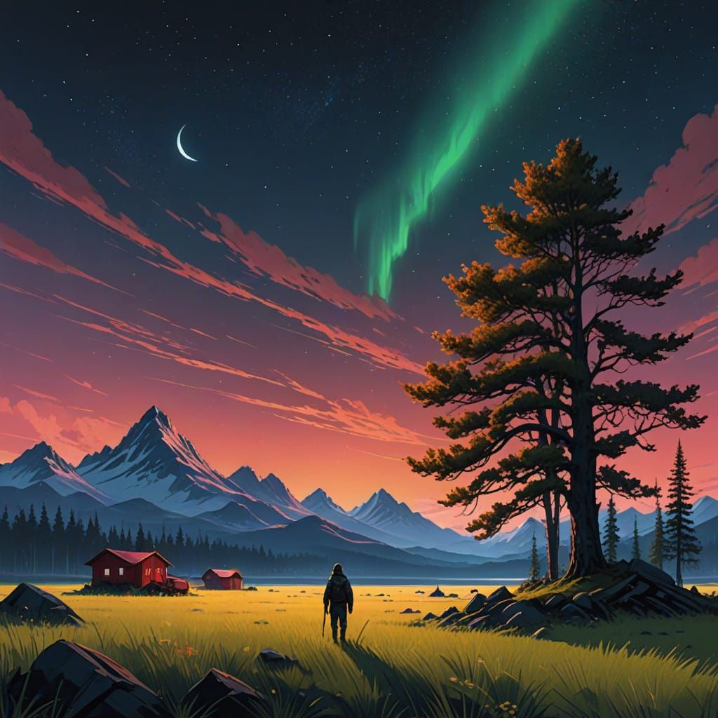 Ethereal Crimson Grasslands Under Starry Night Sky