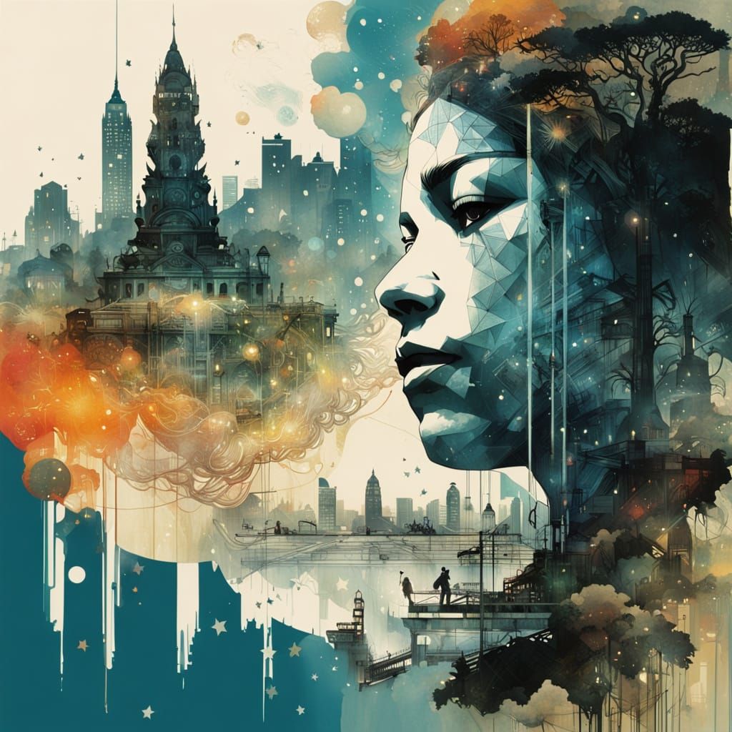 Dual Exposure Lion Waterfall City Galaxy Princess Silhouette