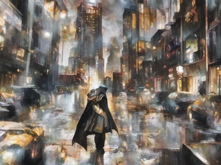 Sad Man in Cloak on Dark City Street