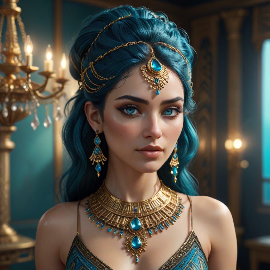 Egyptian Goddess with Cyan Eyes in Photorealistic Digital Ar...