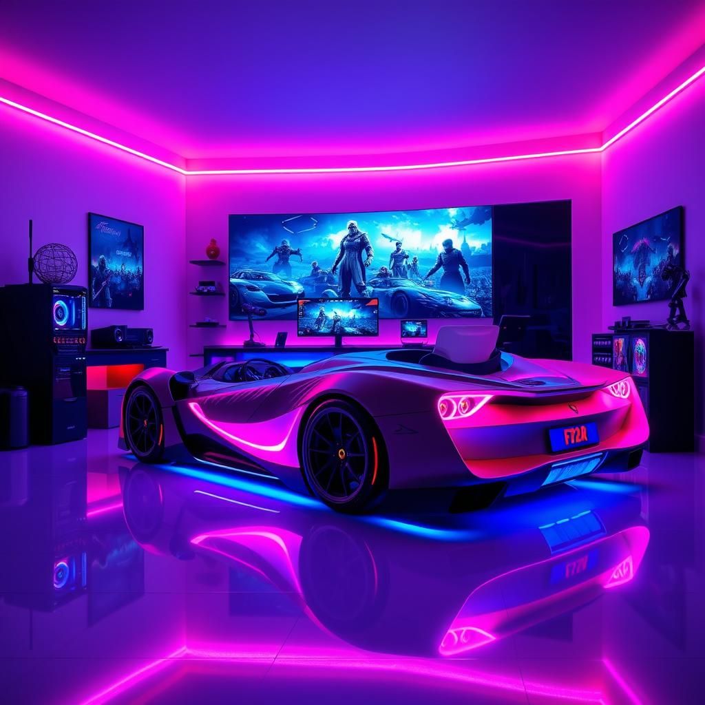Vibrant Gamer Room with Ferrari Bed in Synthwave Style