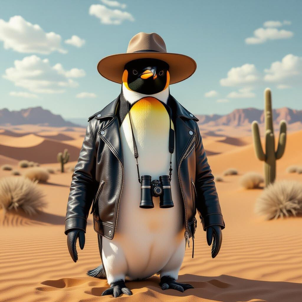 Penguin Explorer in Desert Landscape: Photorealistic Style