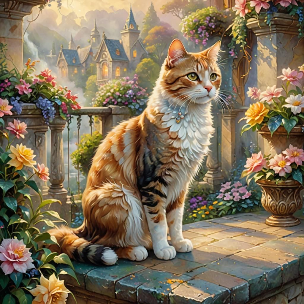 Cute Cat on Balcony in Ethereal Fantasy Style