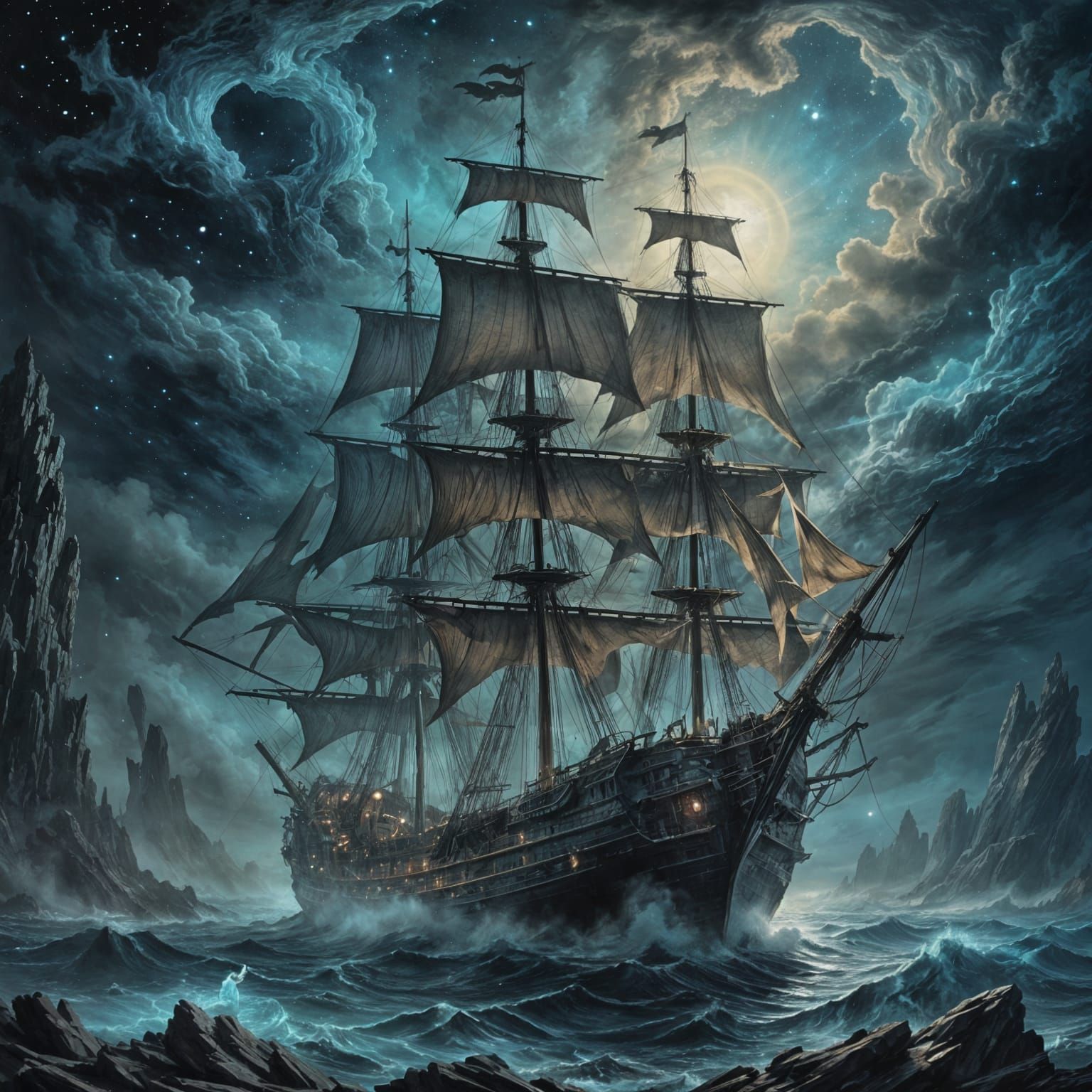 Ethereal Ghost Ship Sailing Through a Starry Night