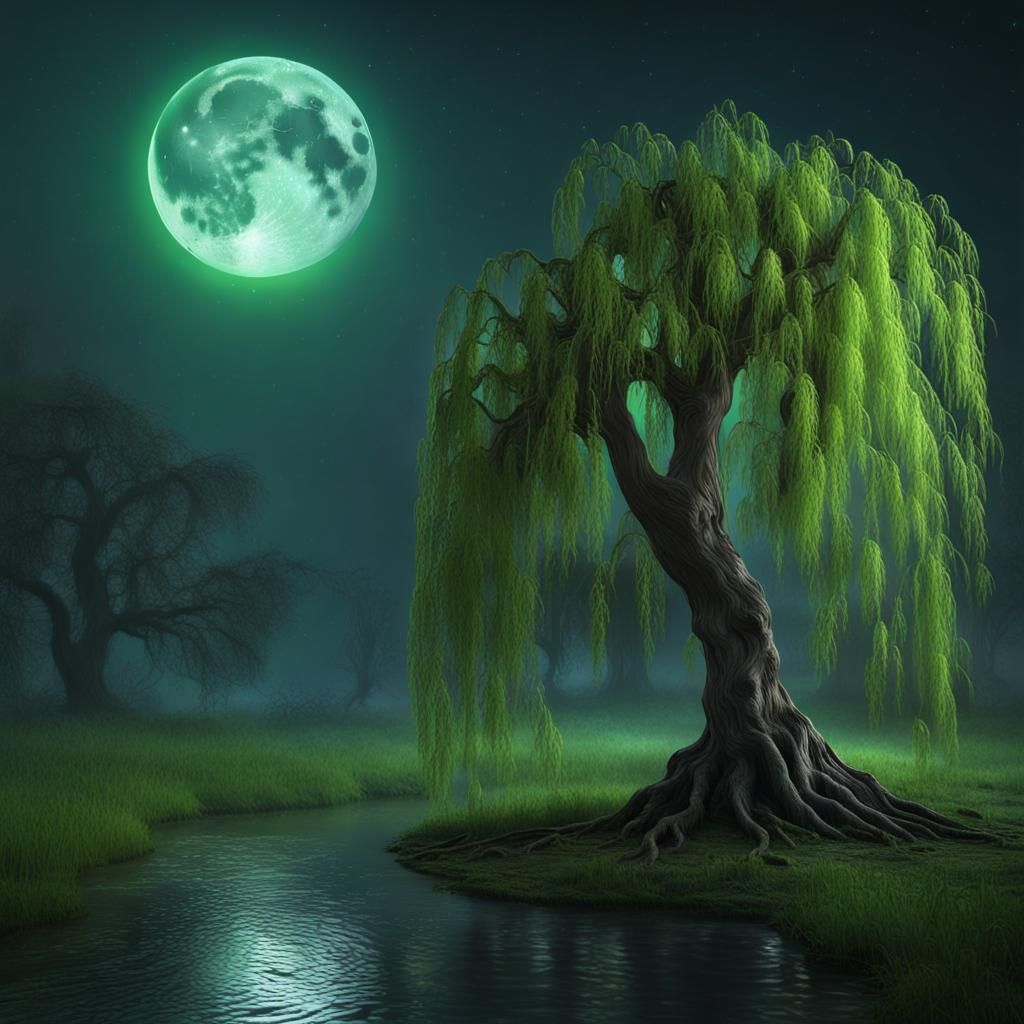 Full moon night scene of a majestic green leafy (weeping willow tree 1.5) with trickling stream. dark sky; moonlight fil...