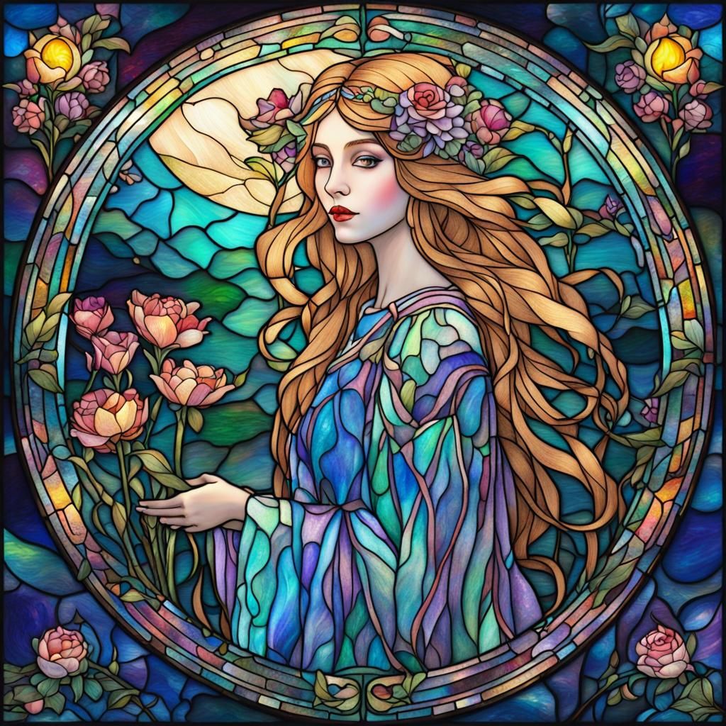 Art Nouveau Stained Glass: Fairy Princess and Moon