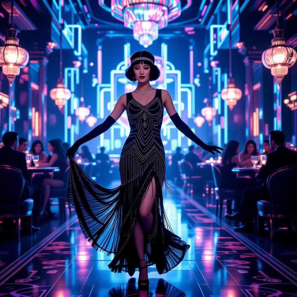 Flapper Dances in Neon Cyberpunk Speakeasy