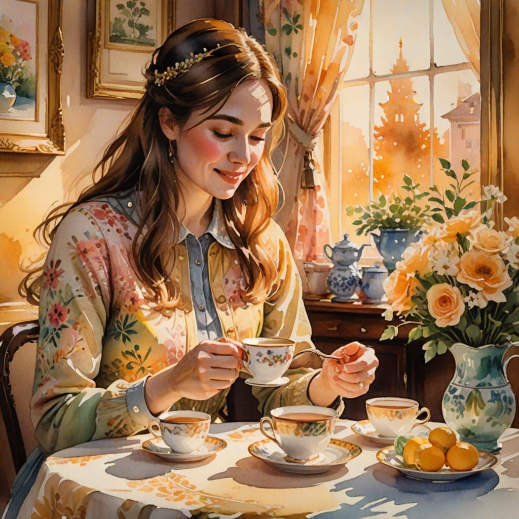 Whimsical Watercolor of Mother and Daughter Having Tea