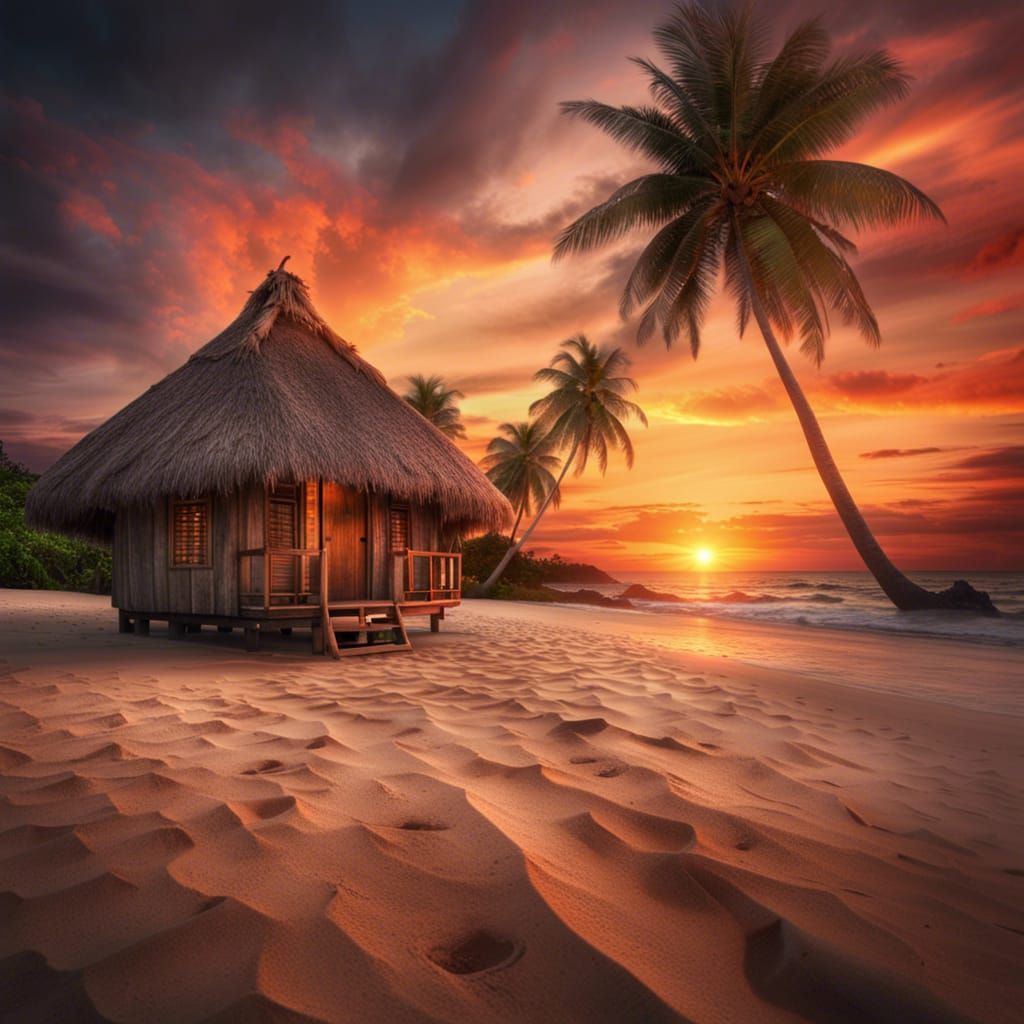 Tropical Beach Hut at Sunset in Hyperrealism