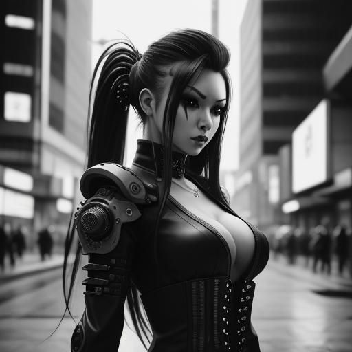 Futuristic Gyaru Samurai on Hibiya Street in Cyberpunk Style