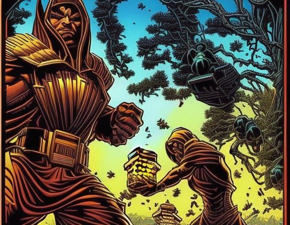 Bees Producing Honey in Comic Book Style